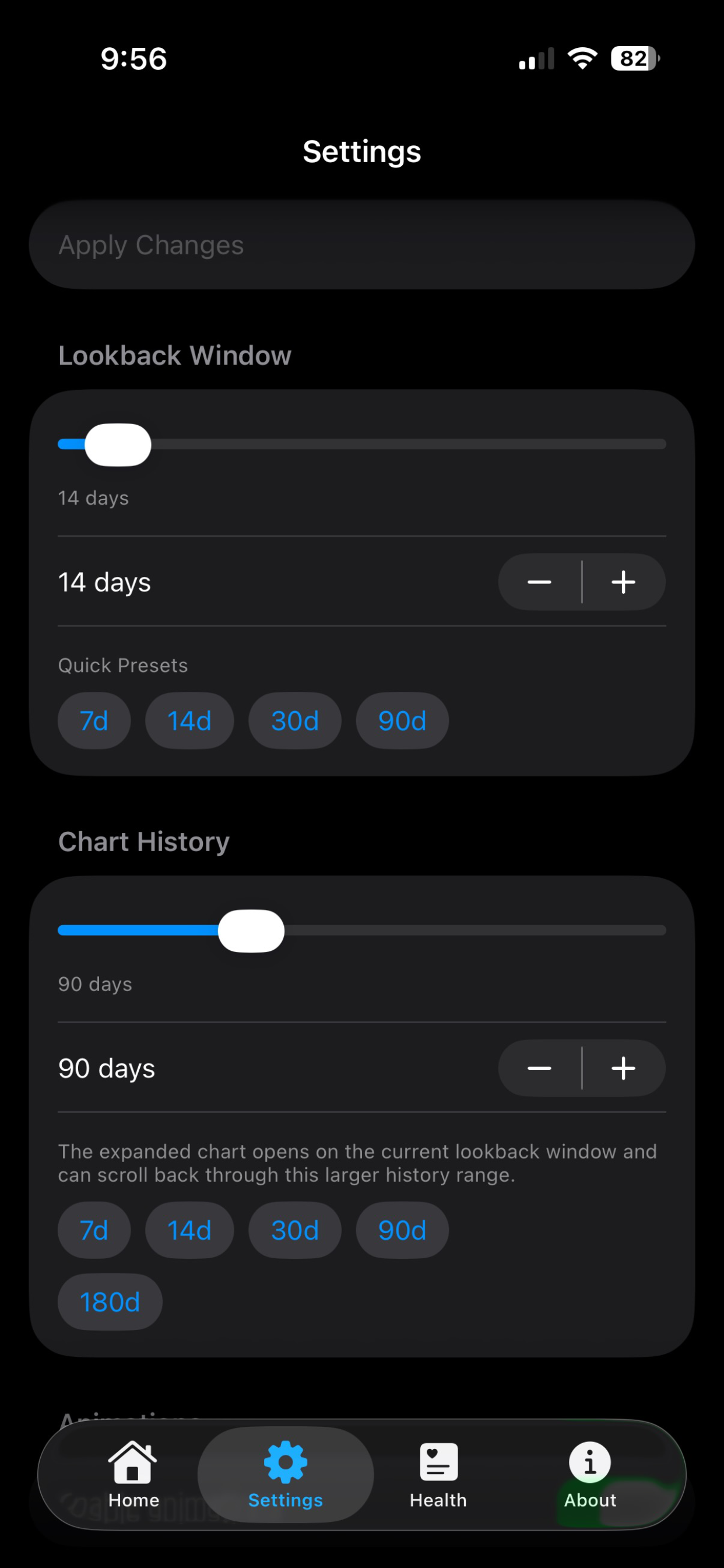 OxiTicker settings screen