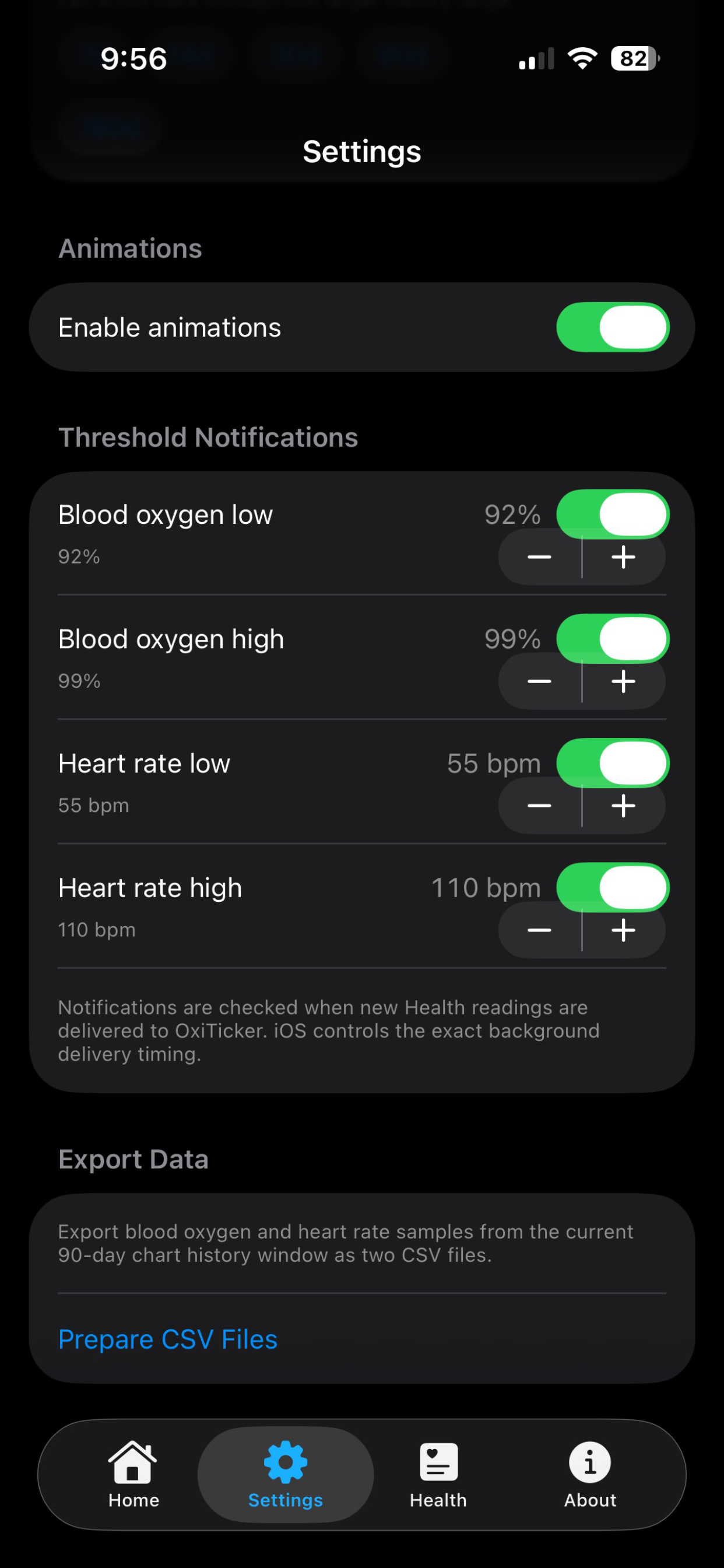 OxiTicker additional settings screen